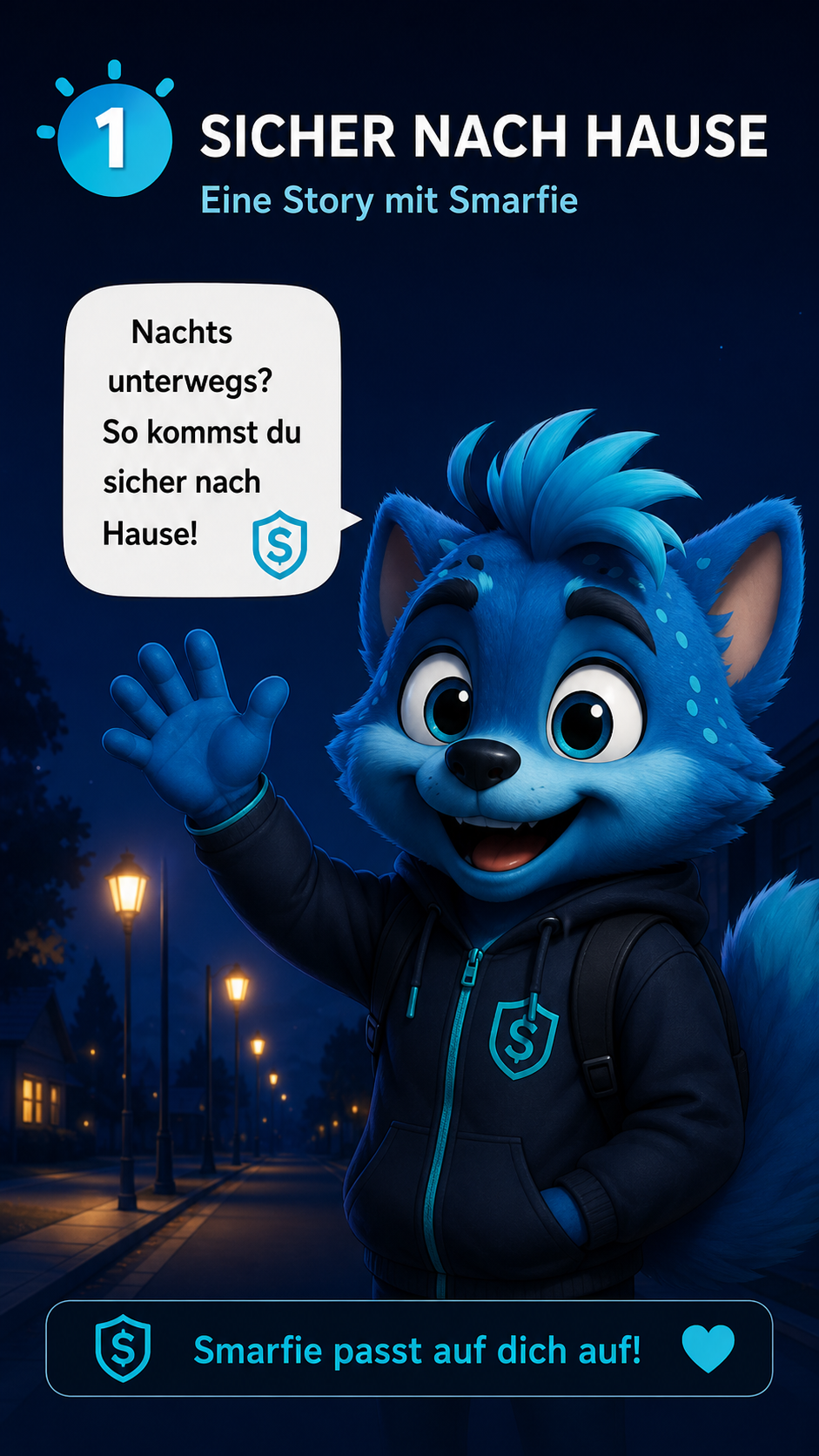 Smarfie – offizielle Story „Sicher nach Hause“ mit dem Sicherheitsbuddy bei Nacht (smarfie.com / smarfie.de)