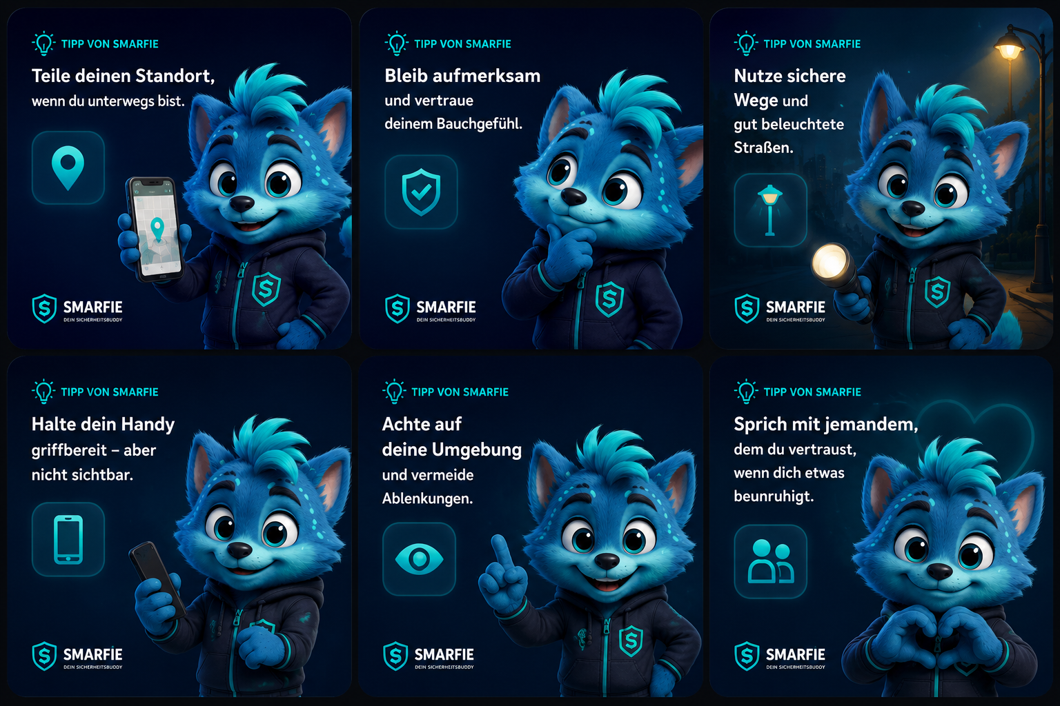 Tipps von Smarfie – sechs offizielle Sicherheitstipps mit dem Smarfie-Maskottchen (smarfie.com / smarfie.de)